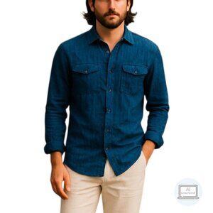 Tommy Bahama Mens Linen Cotton Shirt Navy Blue Roll Tab Sleeve Stripe Size XL